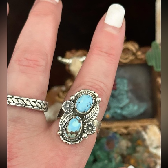 Golden hills turquoise double stone southwestern Sterling silver adjustable ring - Picture 5 of 6